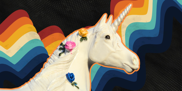 a unicorn figurine ith three roses on its main stands out against a dark background with 1970s style stripes in red, orange, yellow, teal and dark blue waving across it