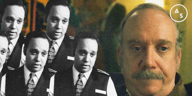 A collage with a close up of Paul Giamatti in The Holdovers next to multiplied images of Paul Giamatti in My Best Friend's Wedding