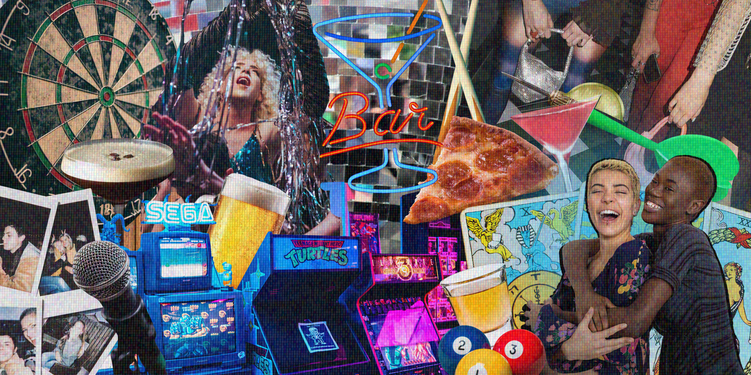 a collage featuring beer, pool balls, arcades, a neon bar sign, darts, polaroids, and lesbians hanging out