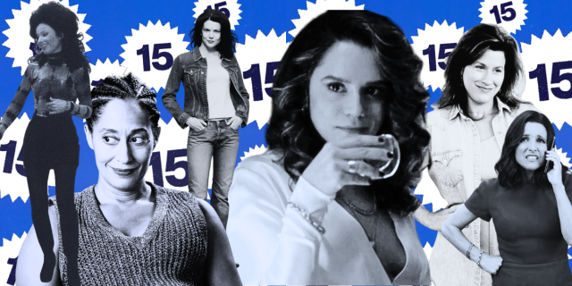Fran Drescher, Tracee Ellis Ross, Lauren Graham, Sepideh Moafi, Lisa Ann Walter, and julia louis dreyfus, collaged in blue tones in front of the number 15 for Autostraddle's 15th birthday