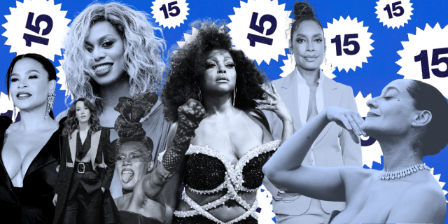 Left to Right: Nia Long, Laverne Cox, Jennifer Beals, Grace Jones, Taraji P Henson, Gina Torres, and Tracee Ellis Ross. All the actresses are in shades of blue and collaged in front of the number 15 repeated over and over again.