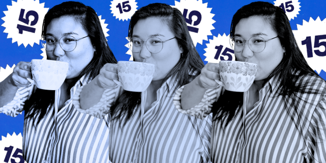 The author sipping a cup of tea collaged in front of cobalt blue background that has the number 15 for Autostraddle's 15th birthday