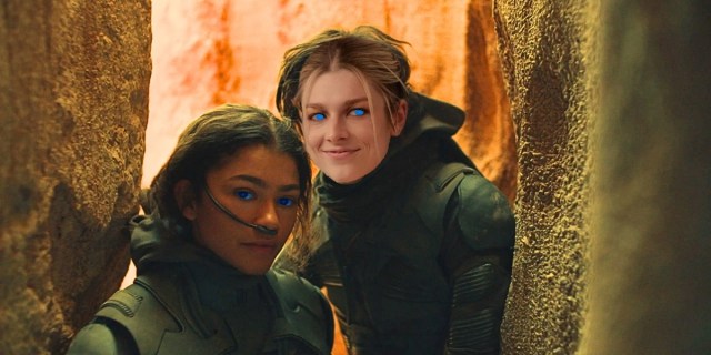 Hunter Schafer with drawn on blue eyes is photoshopped over Timothee Chalamet in an image from Dune Part Two with Zendaya