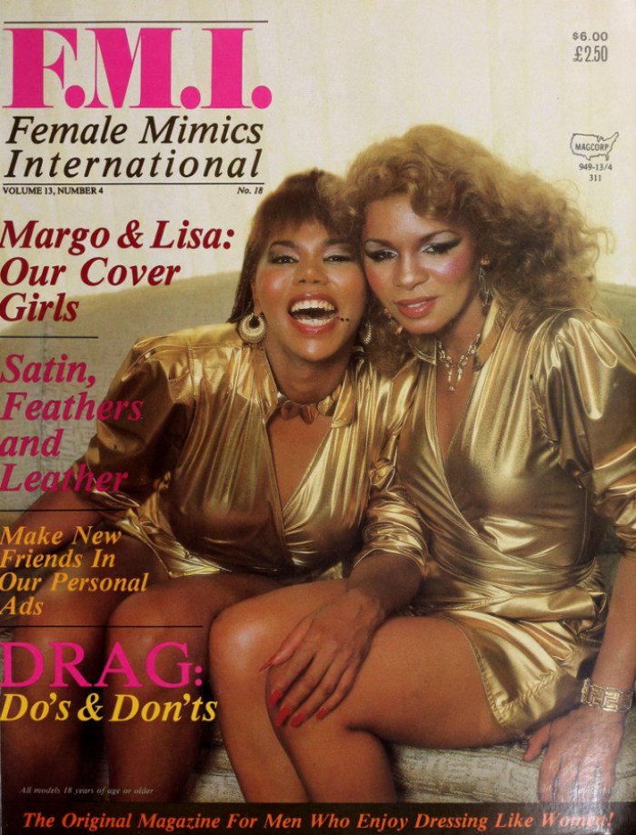 F.M.I. Female Mimics International Magazine Cover, Margo & Lisa: Our Cover Girls, Two Black trans women dressed in gold pose sitting next to each other.