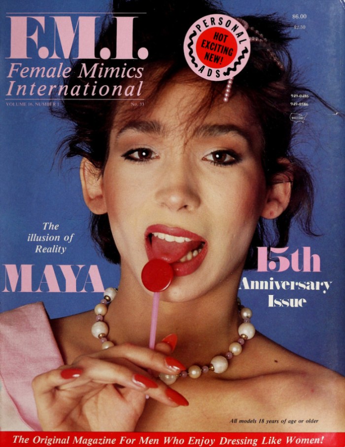 F.M.I. Magazine Cover, The Illusion of Reality Maya, a close up of a trans woman licking a red lollipop 