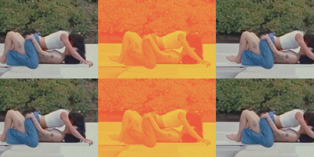 Fletcher Pretending music video: an image of Fletcher kissing a girl lying down on concrete six times with the middle images covered in an orange filter