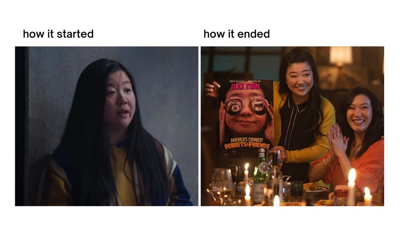 How it started/How it ended meme featuring pictures from Alice in the pilot to Alice and Sumi celebrating her success in the final episode 