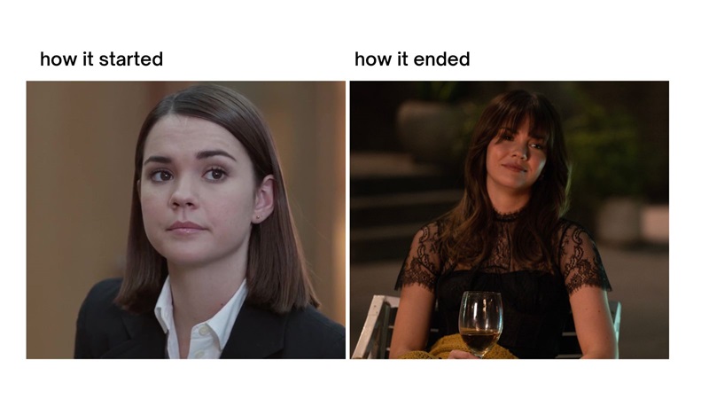 How it started/How it ended meme - Callie in her thrift store finds in the Good Trouble pilot vs. Callie looking amazing in the Good Trouble finale
