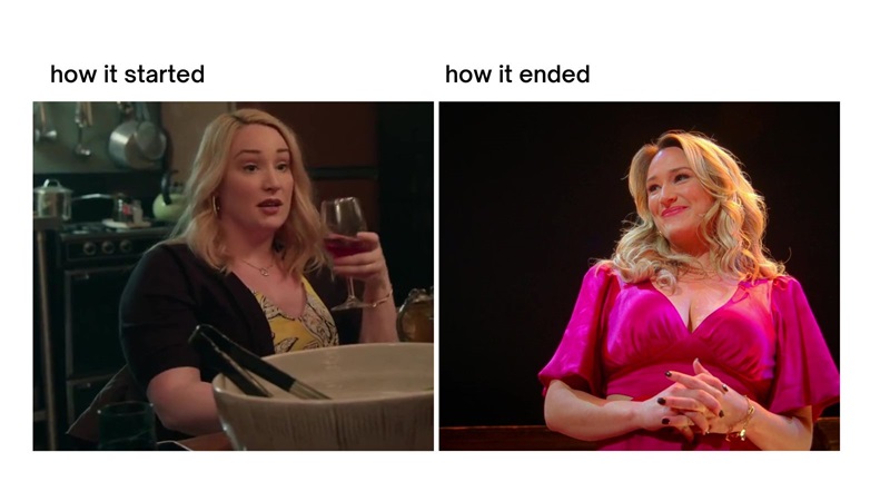 How it started/How it ended meme - Davia at family dinner in the Good Trouble pilot vs. Davia captivating the audience with her performance in the play.