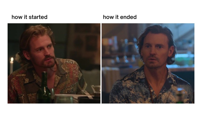 How it started/How it ended meme - Dennis at the Coterie's dinner table in the pilot vs. the finale