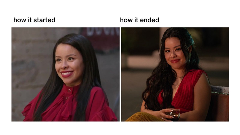 How it started/How it ended meme - Mariana in her thrift store finds (woefully overdressed for her first day at Speckulate) vs. Mariana in the Good Trouble finale, toasting the last hurrah at the Coterie