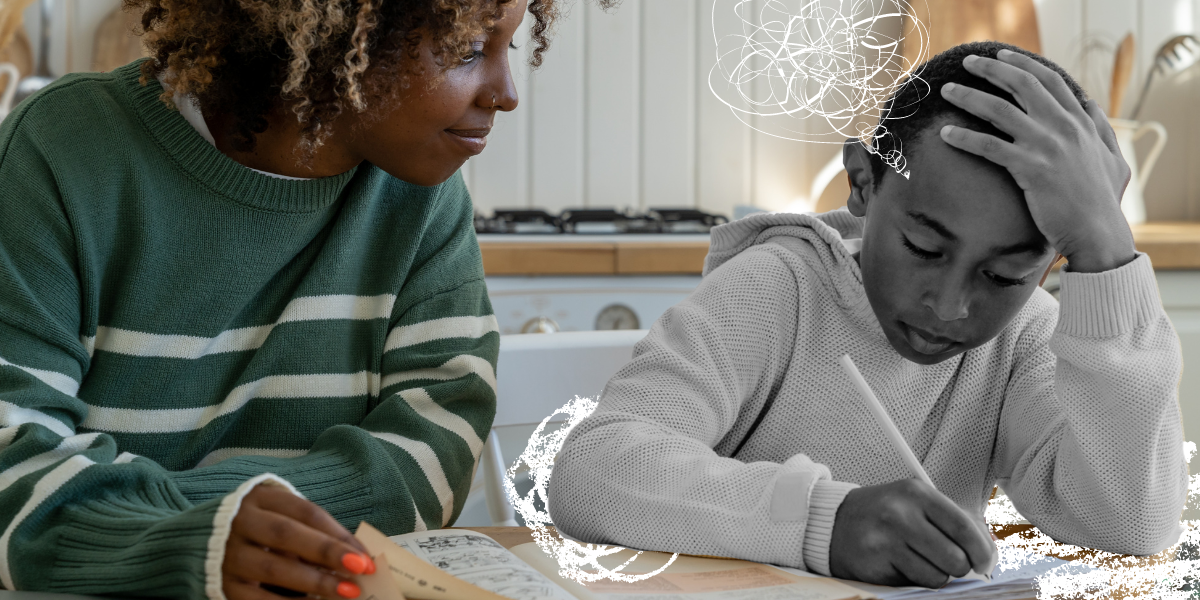 a Black mom helps her son with homework