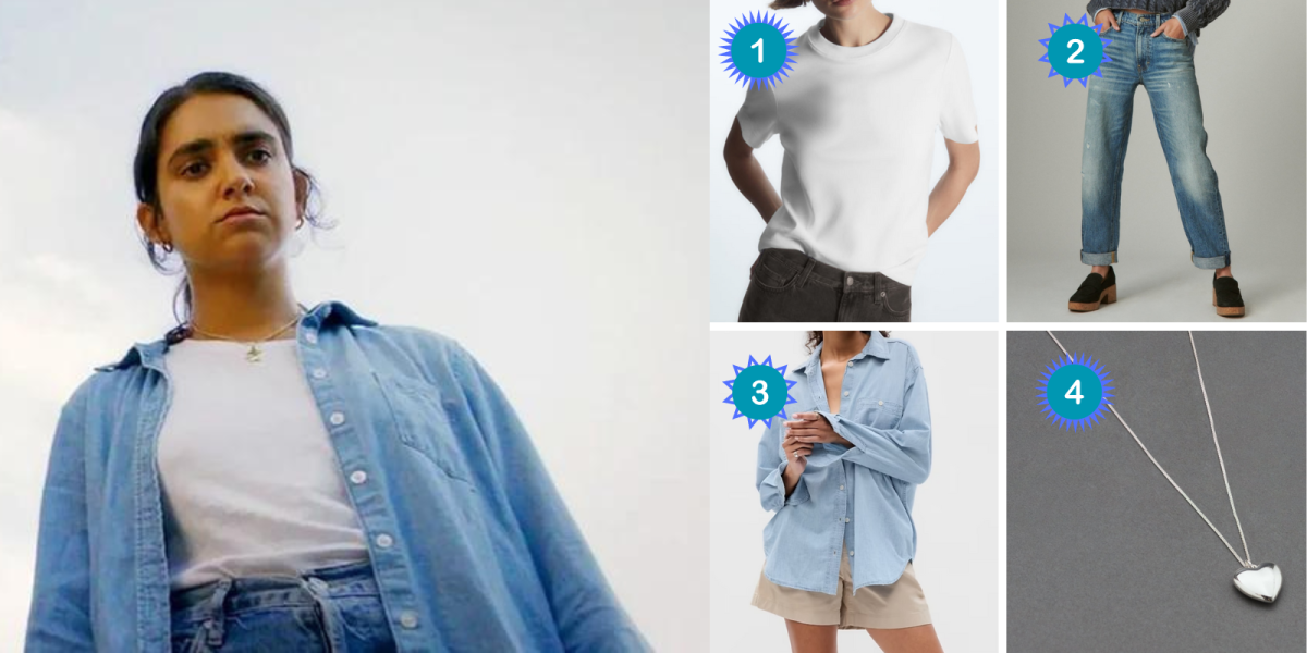 Marian in jeans and a denim buttondown in Drive-Away Dolls. 1. White t-shirt. 2. Mid rise loose jeans. 3. An oversized chambray shirt. 4. A silver heart necklace.