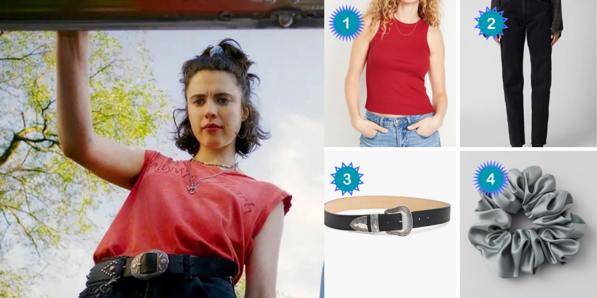 Jamie in Drive-Away Dolls in a red tank and black pants with a scrunchie and thick belt. 1. A red cropped tank. 2. Black jeans. 3. A black belt with silver buckle. 4. A gray scrunchie.
