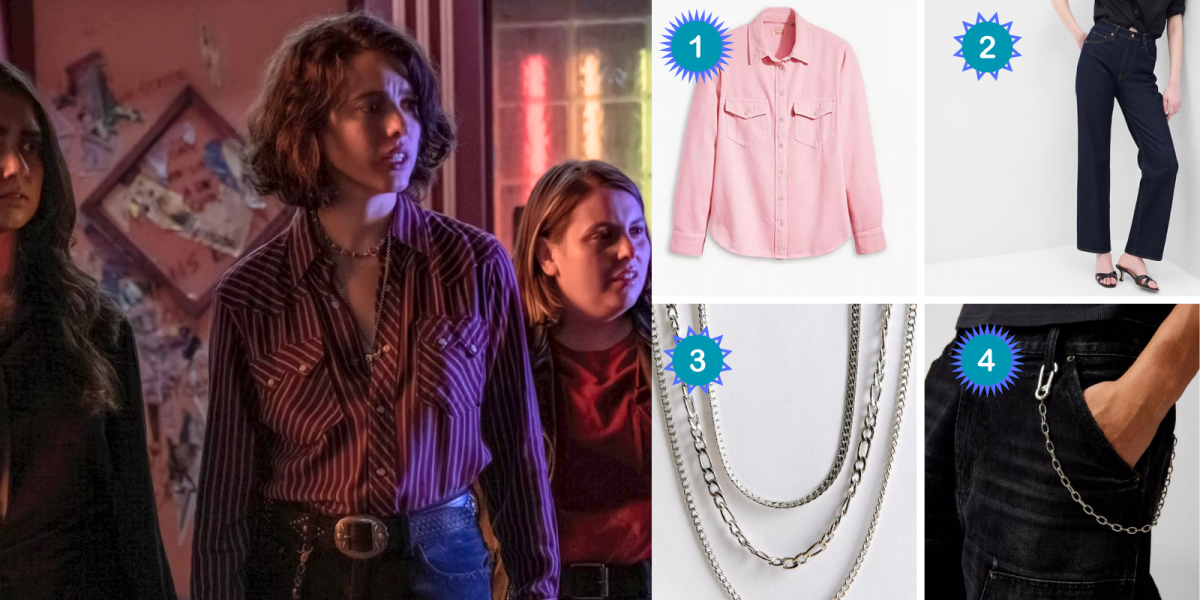 Margaret Qualley as Jamie in Drive-Away Dolls. 1. A pink western style shirt. 2. Dark jeans. 3. Silver layered chain necklaces. 4. A wallet chain.