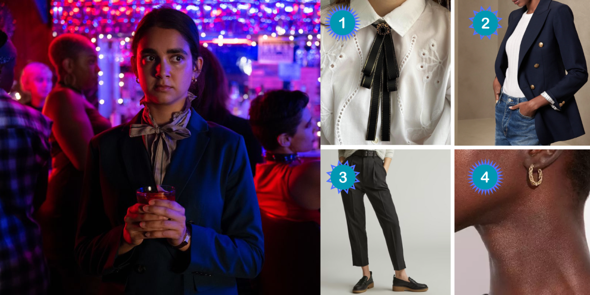 Marian in Drive-Away Dolls in a cravat and blue blazer. 1. A black bow tie. 2. A blue double breasted blazer. 3. Dark green trousers. 4. Gold hoop earrings.