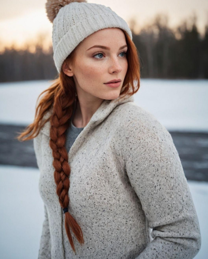 a woman with red hair has a braid and an oatmeal colored sweater