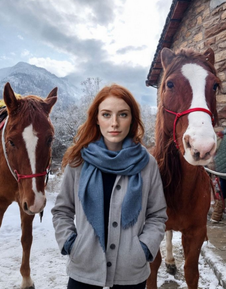 an AI model standing between two AI generated horses