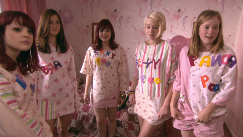Skins: The teens stand in Pandora's bedroom in the matching pjs she made them