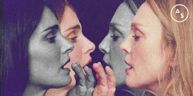 Doubled images of Julianne Moore putting makeup on Natalie Portman