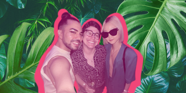 Couple to Throuple Ash Maximo: a leafy tropical background with a tinted pink photo of Ash, Maximo, and writer Gabe Dunn.