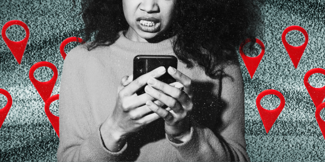 a black and white photo of a Black woman looking aggravated by her smartphone with a gray background dotted by red map app location markers