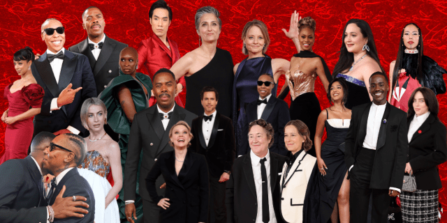 The Oscars 2024 red carpet and LGBTQ fashion: Lily Gladstone, Jodie Foster, Colman Domingo, and so many more! All collaged in front of a red background.