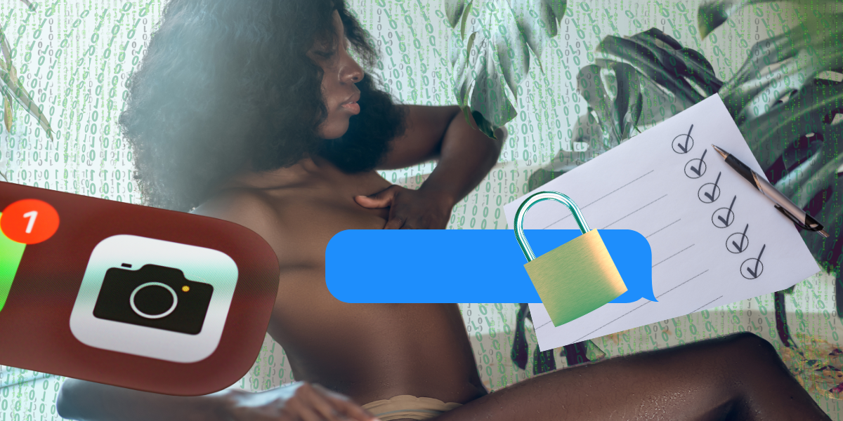 a woman's nude body in a bath, with her hands over her breasts, the camera icon from an iphone, a lock, and a check list