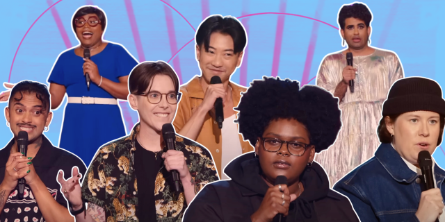 Hannah Gadsby's Gender Agenda: a collage of featured comics against a blue backdrop