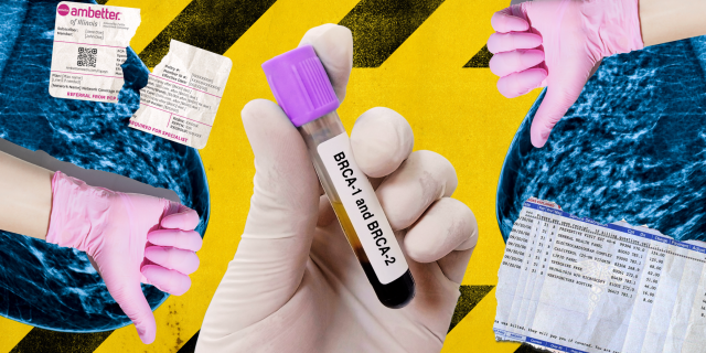 A collage that features a gloved hand of a medical professional with a BRCA test vial, more gloved medical hands, and a torn up insurance card.