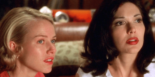 Betty and Rita look toward the door scared in Mulholland Drive