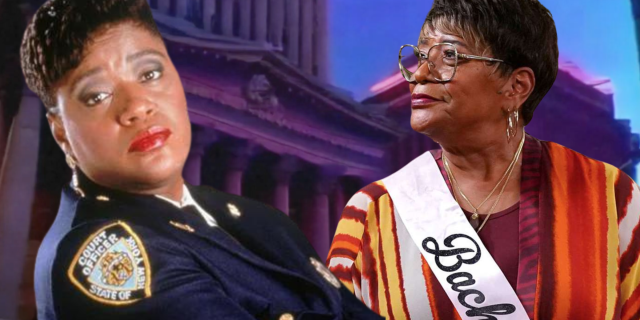 Marsha Warfield collaged as Roz in Night Court, both from the 1980s and in 2024 for the show's reboot.