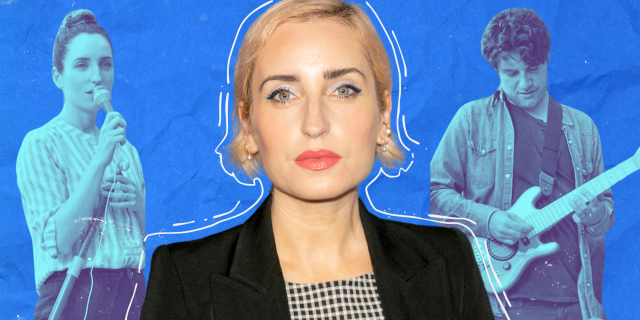 Zoe Lister-Jones' Band Aid: a recent picture of Zoe Lister-Jones with an image from Band Aid behind her in blue.