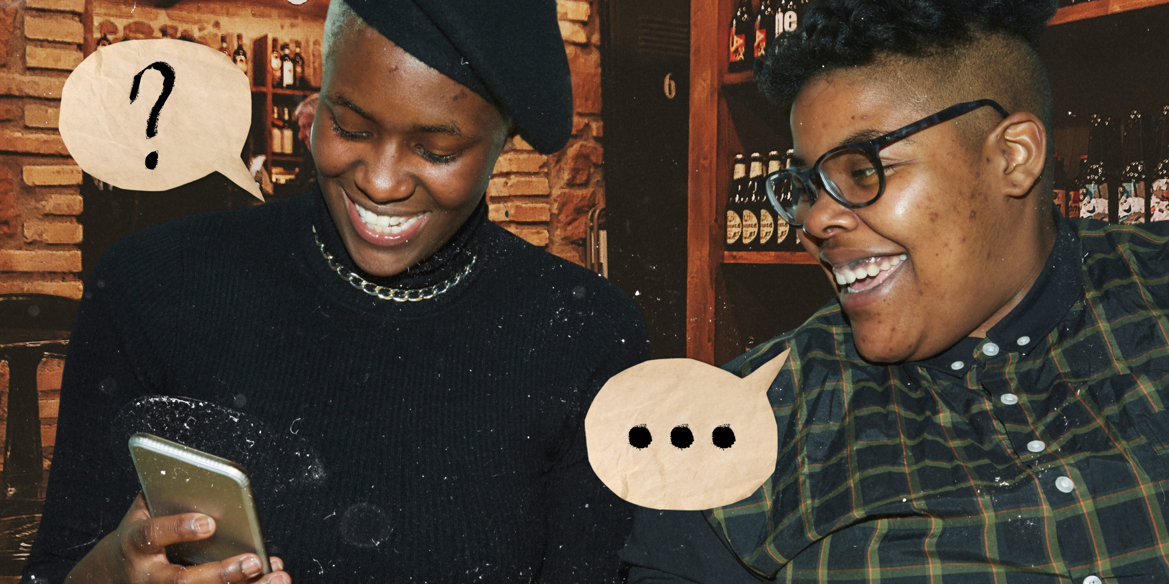 two Black women are smiling while asking each other questions on a first date