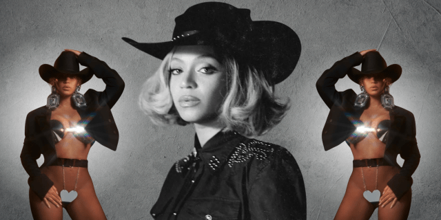 Beyonce in images from Cowboy Carter, in a cowboy hat, shared in a collage form