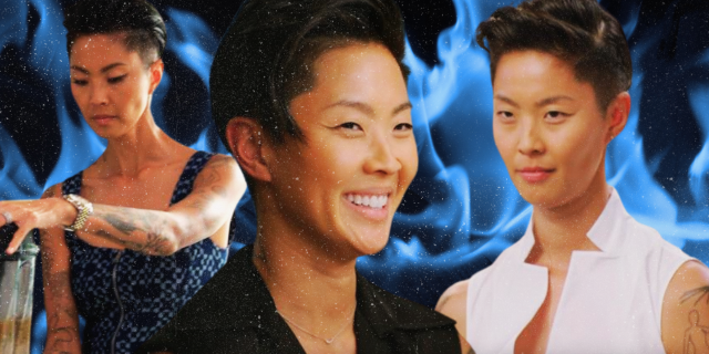 top chef season 21: a collage of three Kristen Kish photos with blue fire background