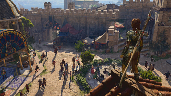 A woman with a sword stands on a roof in Baldur's Gate 3