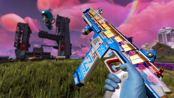 a blue hand holding a colorful animated gun in the video game Apex Legends