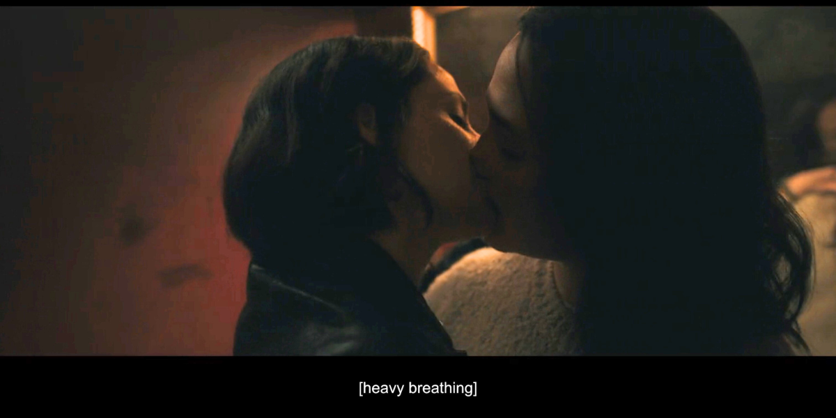 Cam and Rebecca make out in the bathroom, caption reads [heavy breathing]