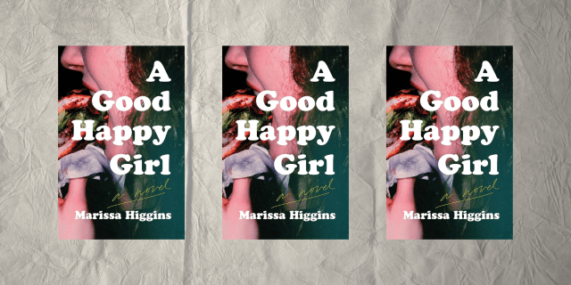 The cover of A Good Happy Girl three times. A close up of a woman eating a sandwich.