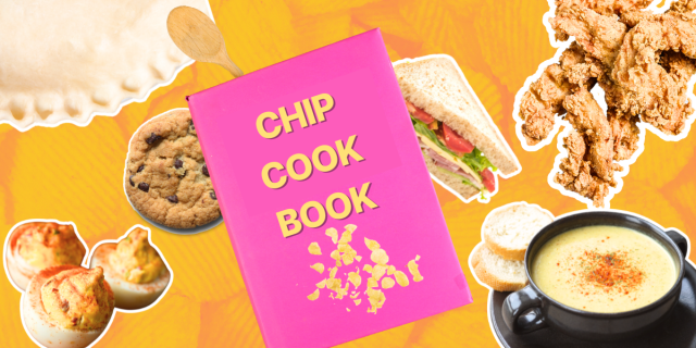 a chip crumbs cook book surrounded by fried chicken, sandwich, deviled eggs, and soup