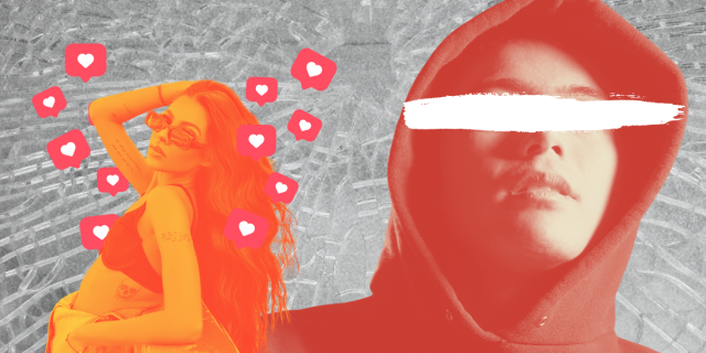 a collage of two people, one in a hoodie with eyes covered and one femme who is leaning back in a bathing suit surrounded by instagram "like" hearts