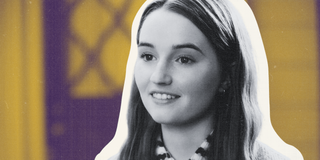 A black and white image of Kaitlyn Dever in Booksmart against a yellow and purple tinted backdrop