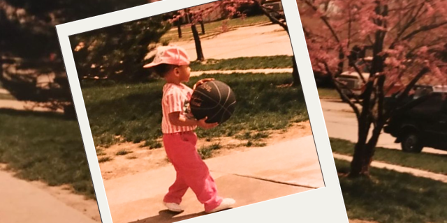 A polaroid style image of the Instagram post in which Candace Parker announces her retirement from the WNBA. In the photo she is a young girl, playing basketball with a backwards cap.