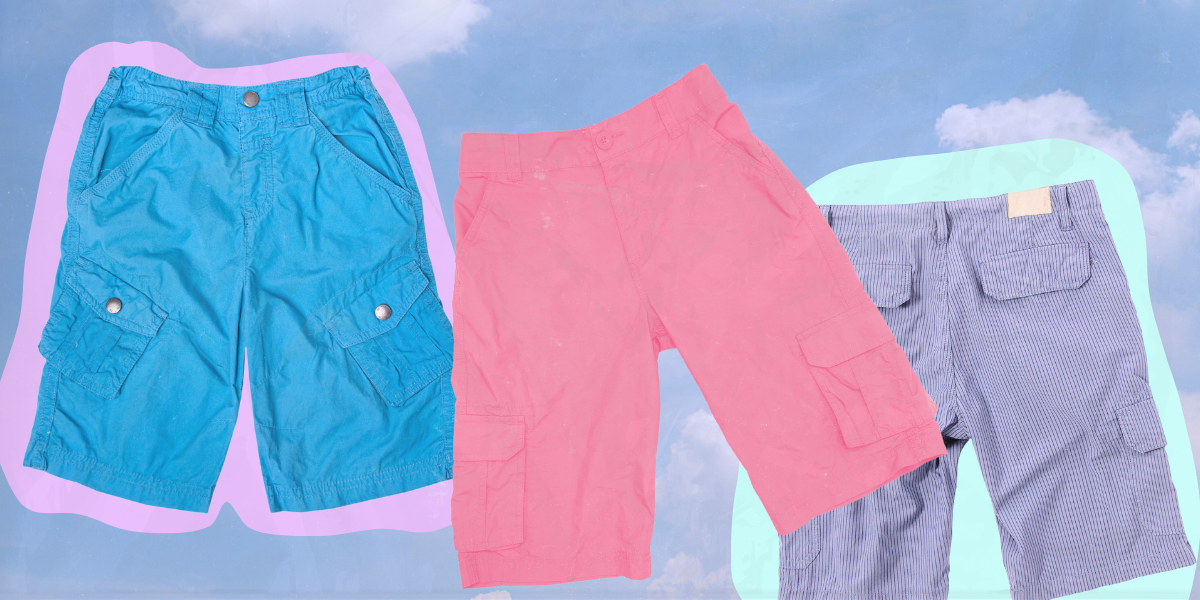 blue cargo shorts, pink cargo shorts, and purple cargo shorts