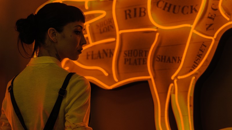 Dead Boy Detectives: Jenny the lesbian goth butcher standing in profile against the neon glow of a meat sign