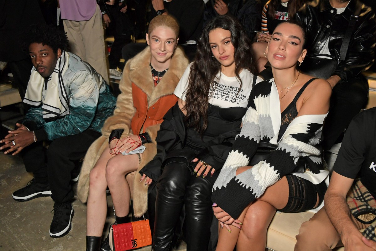 LONDON, ENGLAND - SEPTEMBER 16: (L to R) Brent Faiyaz, Hunter Schafer, Rosalia and Dua Lipa attend the Burberry September 2019 show during London Fashion Week, on September 16, 2019 in London, England. (Photo by David M. Benett/Dave Benett/Getty Images for Burberry)