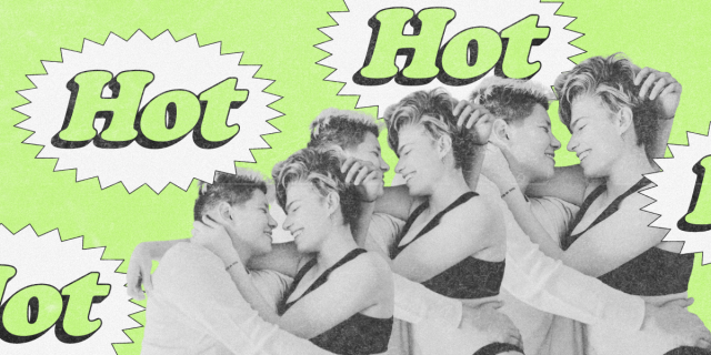 Is Monogamy cool again? Three black and white images of a queer couple embracing against a lime green backdrop that says Hot Hot Hot