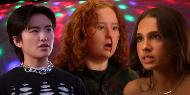 Prom Dates Hulu: a collage of Terry Hu, Julia Lester, and Antonia Gentry all looking shocked