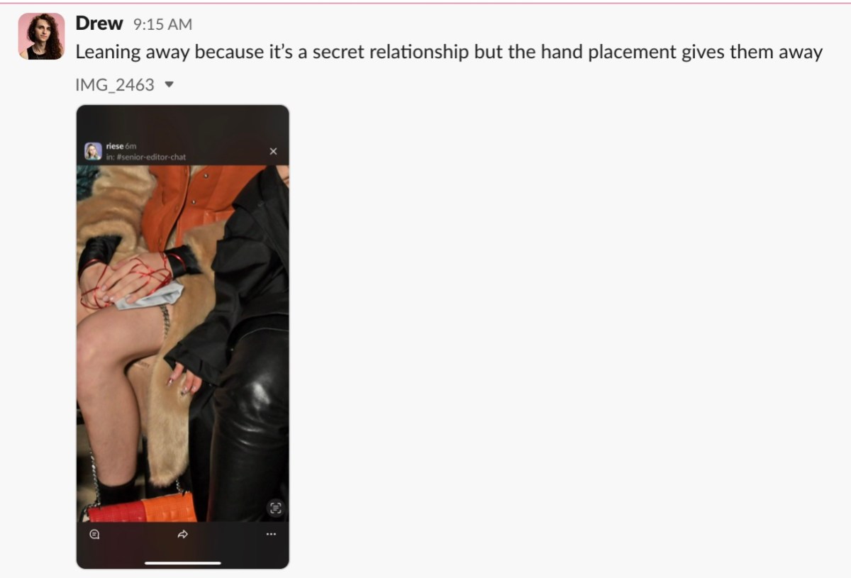 screenshot of a Slack chat — zoomed in on the hands of Hunter and Rosalia